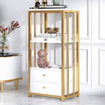 White Display Cabinet Marble Veins Storage Cabinet with Backboard